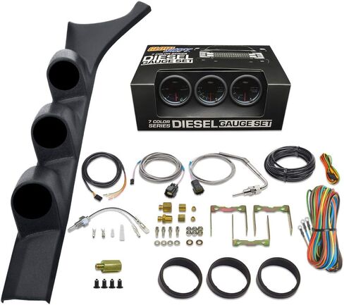 GlowShift Diesel Gauge Package Compatible with Dodge Ram Cummins First Gen 1986-1993 - Tinted 7 Color 60 PSI Boost, 1500 F Pyrometer EGT & Transmission Temp Gauges - Black Triple Pillar Pod in Saudi Arabia