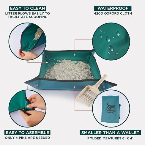 صندوق فضلات القطط للسفر (3 في 1) من OutdoorBengal - صندوق فضلات محمول، قابل للطي، كيس مانع للتسرب مع غطاء، مغرفة صغيرة (مجموعة كاملة للطائرة والسيارة والشاحنة والتخييم والسفر مع القطط) in Kuwait