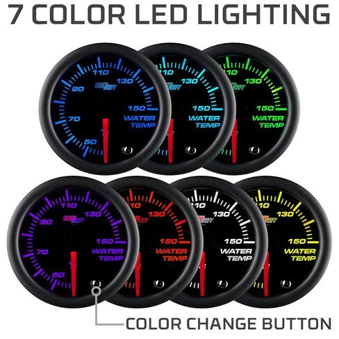 طقم قياس درجة حرارة مبرد الماء GlowShift ملون 7 ألوان 150 درجة مئوية - يشتمل على مستشعر إلكتروني - قرص أسود - عدسة مدخنة - للسيارة والشاحنات - 2-1/16 بوصة 52 مم in Kuwait