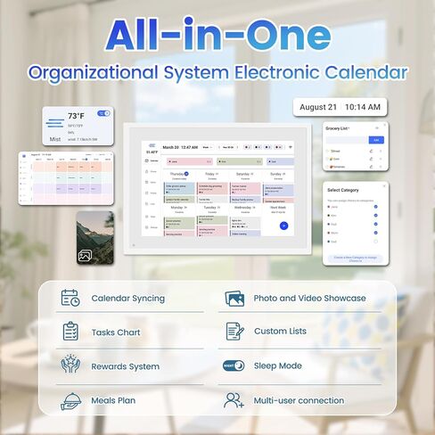 تقويم رقمي مقاس 10.1 بوصة، شاشة تفاعلية تعمل باللمس بتقنية IPS عالية الدقة، مخطط عائلي ذكي، تقويم ذكي لجدولة سلسة، إطار صورة رقمي لعرض الصور/مقاطع الفيديو in Kuwait