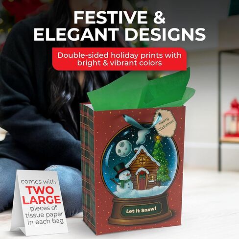 RACHELLE'S Snow Globe Christmas Gift Bags – Medium 13"x10"x4" (2-Pack) – Sturdy Paper Gift Bags with Tissue Paper, Tag and Handle – Let It Snow – Perfect for Christmas Holiday Gifting & Party Favors in Saudi Arabia