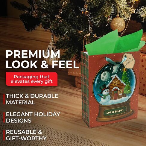 RACHELLE'S Snow Globe Christmas Gift Bags – Medium 13"x10"x4" (2-Pack) – Sturdy Paper Gift Bags with Tissue Paper, Tag and Handle – Let It Snow – Perfect for Christmas Holiday Gifting & Party Favors in Saudi Arabia