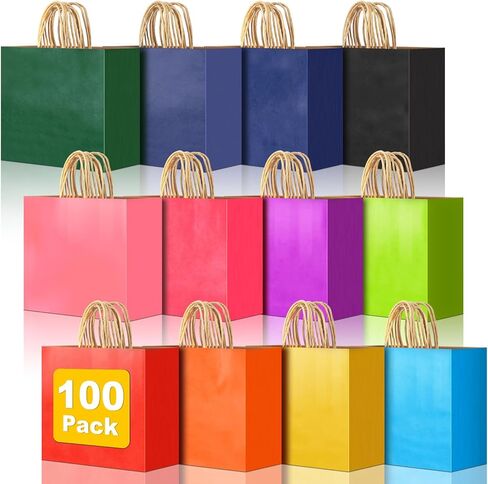 100 PCS Small Gift Bags with Handles, 5.91"x3.15"x8.27" Party Favor Bags, 12 Colored Goodie Bags for Birthday Party, Kraft Paper Gift Bags Bulk for Wedding, Baby Shower, Celebrations, Party Supplies in Kuwait