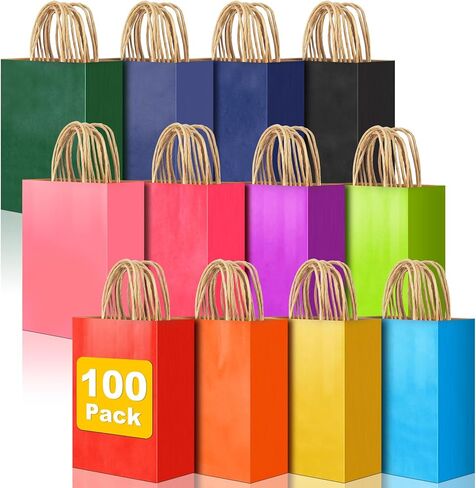 100 قطعة من حقائب الهدايا الصغيرة بمقابض، مقاس 5.91 بوصة × 3.15 بوصة × 8.27 بوصة، حقائب هدايا للحفلات، 12 حقيبة هدايا ملونة لحفلات أعياد الميلاد، أكياس هدايا ورقية كرافت كبيرة لحفلات الزفاف، وحفلات استقبال المولود الجديد، والاحتفالات، ومستلزمات الحفلات in Kuwait