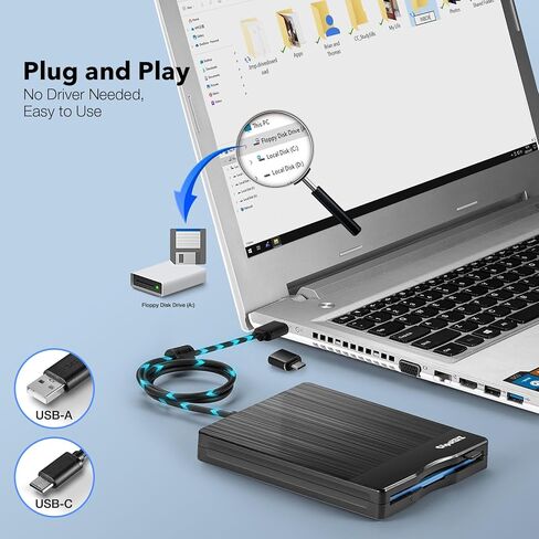 قارئ القرص المرن 3.5 بوصة خارجي USB A&C محرك الأقراص المرنة 3 1/2 محرك الأقراص المرنة/محول/مشغل/قارئ/نقل لأجهزة الكمبيوتر المحمول المكتبية المتوافقة مع نظام التشغيل Windows 11/10 (نسيج متجمد) in Kuwait