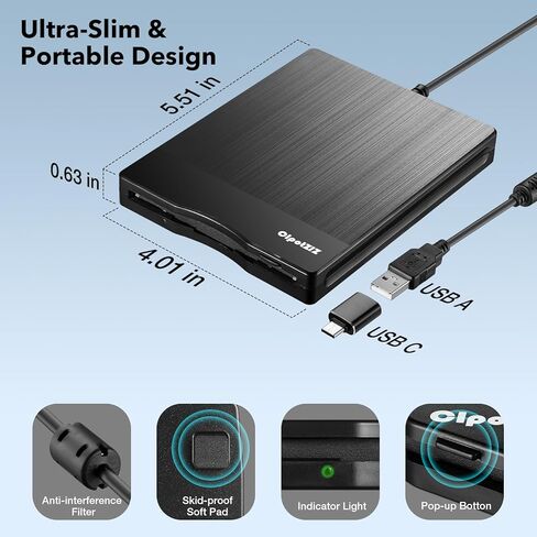 قارئ القرص المرن 3.5 بوصة خارجي USB A&C محرك الأقراص المرنة 3 1/2 محرك الأقراص المرنة/محول/مشغل/قارئ/نقل لأجهزة الكمبيوتر المحمول المكتبية المتوافقة مع نظام التشغيل Windows 11/10 (نسيج متجمد) in Kuwait