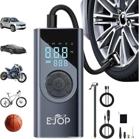 EJOP 150PSI Tire Inflator Portable Air Compressor, Air Pump for Car Tires with Digital Pressure Gauge, Cordless Pump for Car Motorcycle Bicycle Ball, LED Light, Auto Shut-Off,Dual Display,12V Adapter in Saudi Arabia