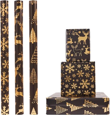HJIJIAY Christmas Wrapping Paper Roll,3 Rolls Black Gold Christmas Wrapping Paper,Metallic Gift Wrap Paper,Xmas Tree Snowflake Elk Printed Assortment - Mini Roll 17 inch x 118 inch in Saudi Arabia