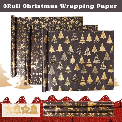 HJIJIAY Christmas Wrapping Paper Roll,3 Rolls Black Gold Christmas Wrapping Paper,Metallic Gift Wrap Paper,Xmas Tree Snowflake Elk Printed Assortment - Mini Roll 17 inch x 118 inch in Saudi Arabia