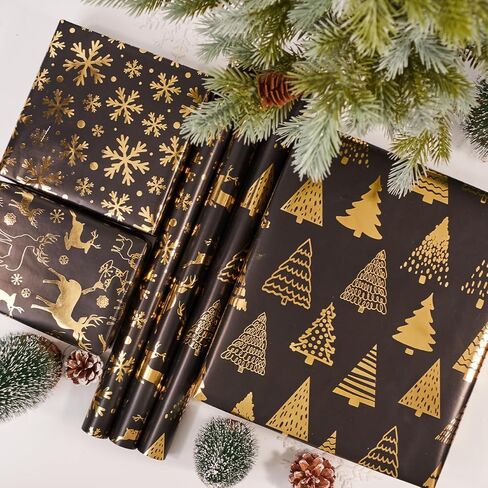 HJIJIAY Christmas Wrapping Paper Roll,3 Rolls Black Gold Christmas Wrapping Paper,Metallic Gift Wrap Paper,Xmas Tree Snowflake Elk Printed Assortment - Mini Roll 17 inch x 118 inch in Saudi Arabia