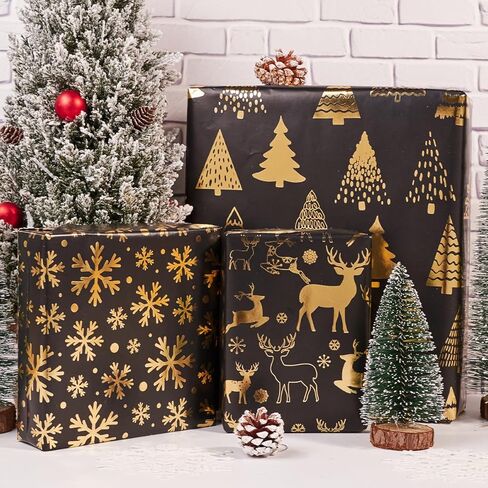 HJIJIAY Christmas Wrapping Paper Roll,3 Rolls Black Gold Christmas Wrapping Paper,Metallic Gift Wrap Paper,Xmas Tree Snowflake Elk Printed Assortment - Mini Roll 17 inch x 118 inch in Saudi Arabia