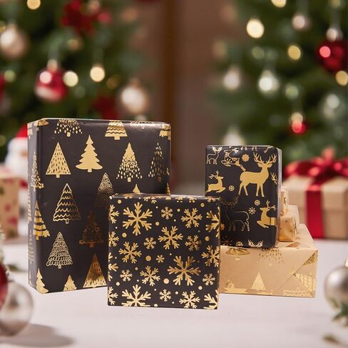 HJIJIAY Christmas Wrapping Paper Roll,3 Rolls Black Gold Christmas Wrapping Paper,Metallic Gift Wrap Paper,Xmas Tree Snowflake Elk Printed Assortment - Mini Roll 17 inch x 118 inch in Saudi Arabia
