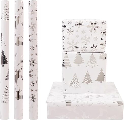 HJIJIAY Christmas Wrapping Paper Roll,3 Rolls Black Gold Christmas Wrapping Paper,Metallic Gift Wrap Paper,Xmas Tree Snowflake Elk Printed Assortment - Mini Roll 17 inch x 118 inch in Saudi Arabia