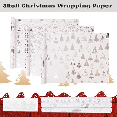 HJIJIAY Christmas Wrapping Paper Roll,3 Rolls Black Gold Christmas Wrapping Paper,Metallic Gift Wrap Paper,Xmas Tree Snowflake Elk Printed Assortment - Mini Roll 17 inch x 118 inch in Saudi Arabia