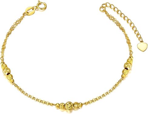 18K Yellow Gold Ball Bracelet Jewelry Gift for Women, Dainty Real Gold Italian Double Chain Bracelets Fine Jewelry Gift for Her, Wife, Girlfriend 6.5"+1" in Saudi Arabia