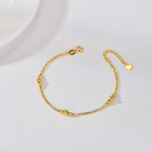 18K Yellow Gold Ball Bracelet Jewelry Gift for Women, Dainty Real Gold Italian Double Chain Bracelets Fine Jewelry Gift for Her, Wife, Girlfriend 6.5"+1" in Saudi Arabia