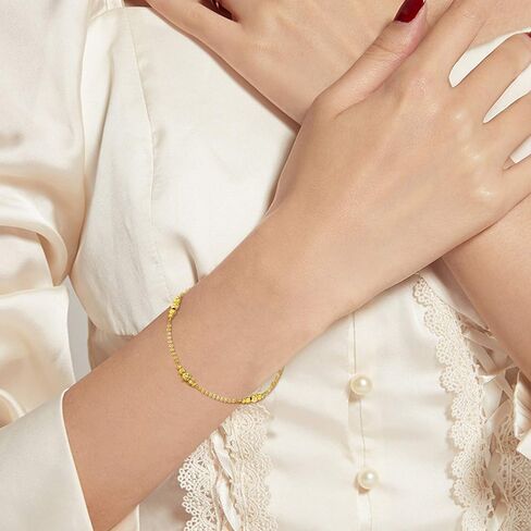 18K Yellow Gold Ball Bracelet Jewelry Gift for Women, Dainty Real Gold Italian Double Chain Bracelets Fine Jewelry Gift for Her, Wife, Girlfriend 6.5"+1" in Saudi Arabia
