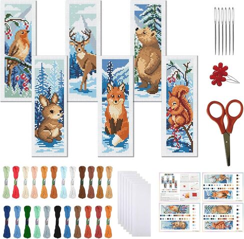 FREEBLOSS 6 Set Cross Stitch Bookmark Kit Winter Animals Pattern Stamped Cross Stitch Kit 11CT Embroidery Kits with Instructions for Beginners Adult 20x6cm/8x2.4inch in Saudi Arabia