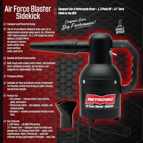 MetroVac Sidekick SK-1 Motorcycle Dryer | Metro Vac Air Force Blaster Sidekick | Includes 12 Foot Cord And Black Textured Matte Finish | 3 Extra Filters | Made In The USA in Kuwait