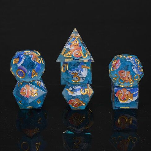 مجموعة نرد DND 7 قطع ذات حافة حادة زرقاء نمط الحياة البحرية من الراتنج نرد متعدد السطوح من الراتنج ذو حافة حادة لعبة لعب الأدوار لعبة RPG MTG (الحياة البحرية - أخضر) in Kuwait