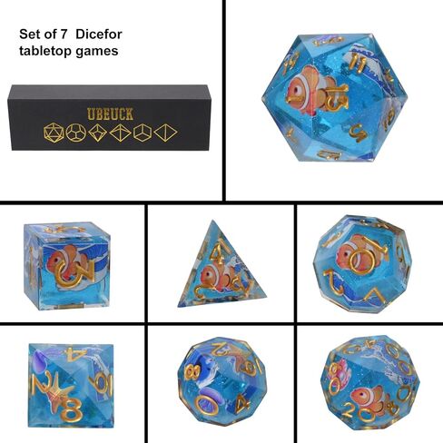 مجموعة نرد DND 7 قطع ذات حافة حادة زرقاء نمط الحياة البحرية من الراتنج نرد متعدد السطوح من الراتنج ذو حافة حادة لعبة لعب الأدوار لعبة RPG MTG (الحياة البحرية - أخضر) in Kuwait