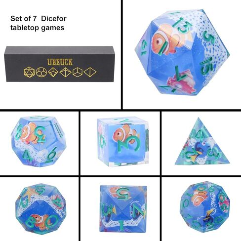 DND Dice Set 7-Pcs Sharp Edge Blue Marine Life Style Resin Dice Polyhedron Resin Sharp Edge dice Role-Playing Game RPG MTG Board Game (Marine Life - Green) in Saudi Arabia