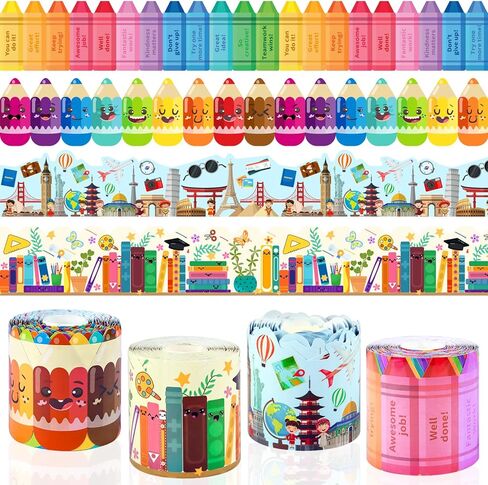 264ft Bulletin Board Border Roll Decorations,4 Rolls Colorful Pencils & Crayons & Bookshelf & World Traveler Coated Rolled Border Trim with Adhesive Dots for Classroom Nursery Room Office School in Saudi Arabia