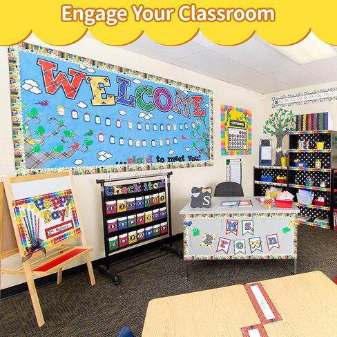 264ft Bulletin Board Border Roll Decorations,4 Rolls Colorful Pencils & Crayons & Bookshelf & World Traveler Coated Rolled Border Trim with Adhesive Dots for Classroom Nursery Room Office School in Saudi Arabia