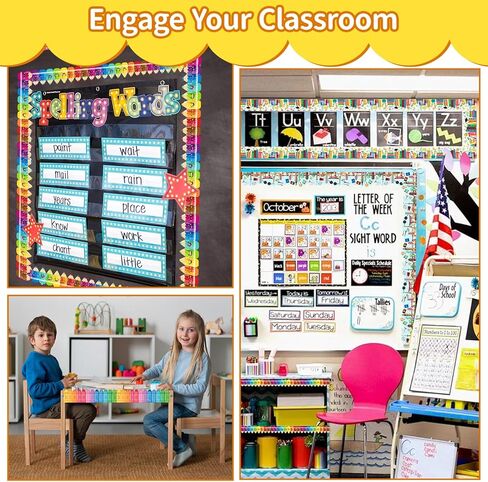 264ft Bulletin Board Border Roll Decorations,4 Rolls Colorful Pencils & Crayons & Bookshelf & World Traveler Coated Rolled Border Trim with Adhesive Dots for Classroom Nursery Room Office School in Saudi Arabia