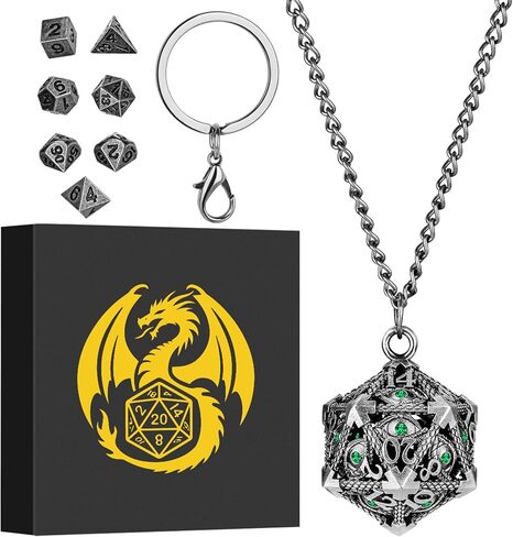 Mini DND Dice Set with Hollow D20 Metal Case Portable Keychain Necklace, Tiny 7pcs Polyhedral D&D Dice Set, DND Gifts with Gift Box, D&D Accessories for RPG（Green Diamond, Bronze） in Saudi Arabia