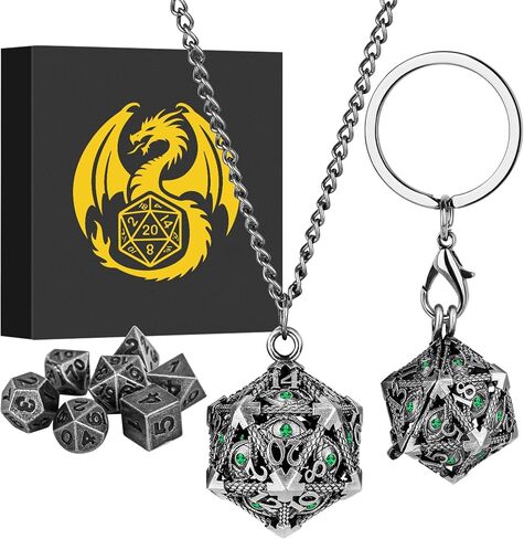 Mini DND Dice Set with Hollow D20 Metal Case Portable Keychain Necklace, Tiny 7pcs Polyhedral D&D Dice Set, DND Gifts with Gift Box, D&D Accessories for RPG（Green Diamond, Bronze） in Saudi Arabia