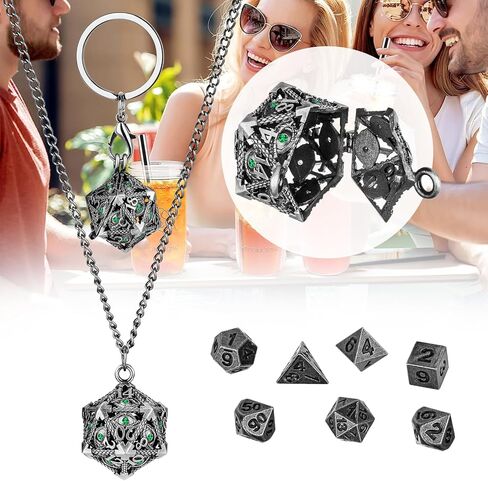 Mini DND Dice Set with Hollow D20 Metal Case Portable Keychain Necklace, Tiny 7pcs Polyhedral D&D Dice Set, DND Gifts with Gift Box, D&D Accessories for RPG（Green Diamond, Bronze） in Saudi Arabia