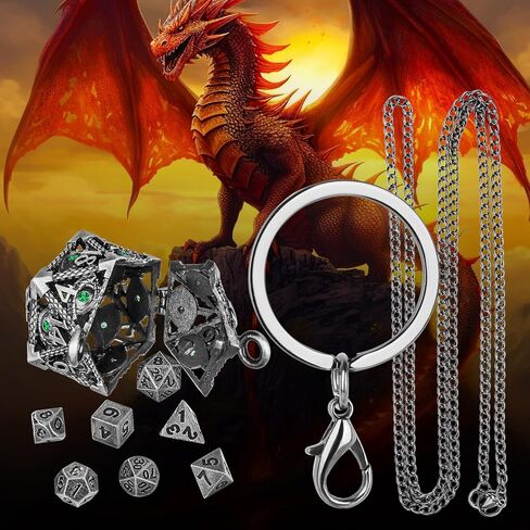 Mini DND Dice Set with Hollow D20 Metal Case Portable Keychain Necklace, Tiny 7pcs Polyhedral D&D Dice Set, DND Gifts with Gift Box, D&D Accessories for RPG（Green Diamond, Bronze） in Saudi Arabia