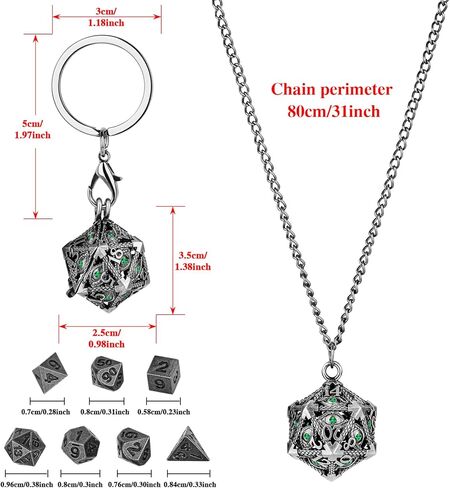 Mini DND Dice Set with Hollow D20 Metal Case Portable Keychain Necklace, Tiny 7pcs Polyhedral D&D Dice Set, DND Gifts with Gift Box, D&D Accessories for RPG（Green Diamond, Bronze） in Saudi Arabia