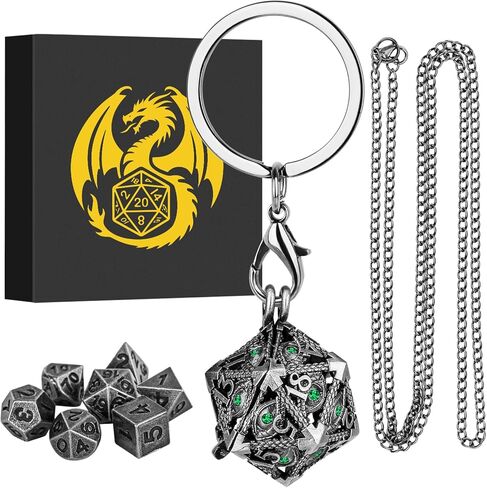 Mini DND Dice Set with Hollow D20 Metal Case Portable Keychain Necklace, Tiny 7pcs Polyhedral D&D Dice Set, DND Gifts with Gift Box, D&D Accessories for RPG（Green Diamond, Bronze） in Saudi Arabia