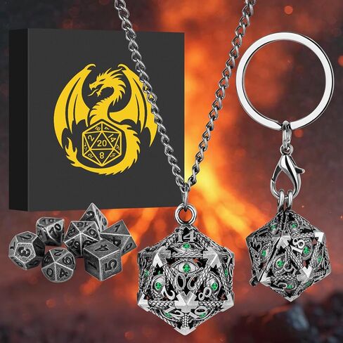 Mini DND Dice Set with Hollow D20 Metal Case Portable Keychain Necklace, Tiny 7pcs Polyhedral D&D Dice Set, DND Gifts with Gift Box, D&D Accessories for RPG（Green Diamond, Bronze） in Saudi Arabia