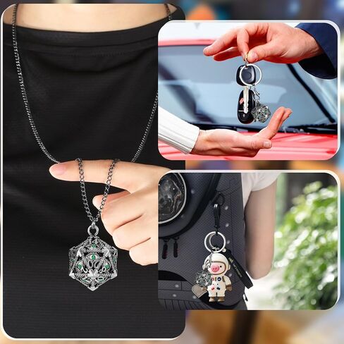 Mini DND Dice Set with Hollow D20 Metal Case Portable Keychain Necklace, Tiny 7pcs Polyhedral D&D Dice Set, DND Gifts with Gift Box, D&D Accessories for RPG（Green Diamond, Bronze） in Saudi Arabia