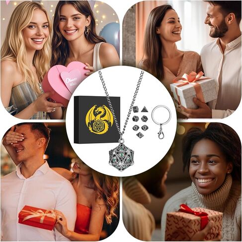 Mini DND Dice Set with Hollow D20 Metal Case Portable Keychain Necklace, Tiny 7pcs Polyhedral D&D Dice Set, DND Gifts with Gift Box, D&D Accessories for RPG（Green Diamond, Bronze） in Saudi Arabia