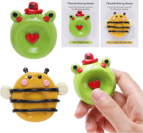 Worry Stone for Anxiety, Handmade Polymer Clay Thumb Worry Stone 2pcs Adorable Animal and Fruit Shapes Thumb Pocket Stone for Relief Meditation Anxiety (Bee and Frog, 2) in Saudi Arabia