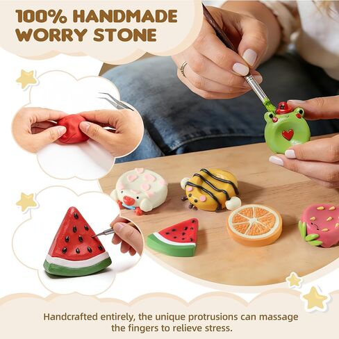 Worry Stone for Anxiety, Handmade Polymer Clay Thumb Worry Stone 2pcs Adorable Animal and Fruit Shapes Thumb Pocket Stone for Relief Meditation Anxiety (Bee and Frog, 2) in Saudi Arabia