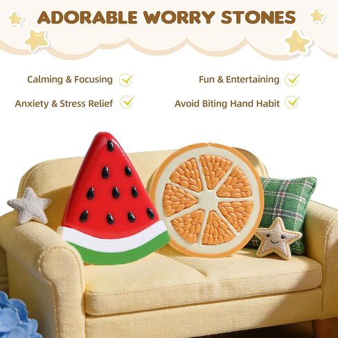 Worry Stone for Anxiety, Handmade Polymer Clay Thumb Worry Stone 2pcs Adorable Animal and Fruit Shapes Thumb Pocket Stone for Relief Meditation Anxiety (Bee and Frog, 2) in Saudi Arabia