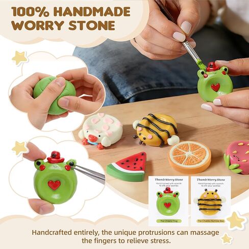 Worry Stone for Anxiety, Handmade Polymer Clay Thumb Worry Stone 2pcs Adorable Animal and Fruit Shapes Thumb Pocket Stone for Relief Meditation Anxiety (Bee and Frog, 2) in Saudi Arabia