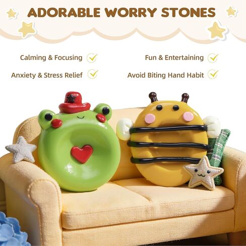 Worry Stone for Anxiety, Handmade Polymer Clay Thumb Worry Stone 2pcs Adorable Animal and Fruit Shapes Thumb Pocket Stone for Relief Meditation Anxiety (Bee and Frog, 2) in Saudi Arabia