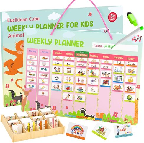 Euclidean Cube Weekly Planner for Kids - Magnetic Behavior Board Calendar with 237 Magnets, Storage Box, Easels, Hooks, Cord & Pen - Daily Routine and Chore Chart - Visual Schedule for Kids 3+ (Animal Theme) in Saudi Arabia