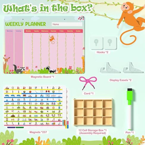 Euclidean Cube Weekly Planner for Kids - Magnetic Behavior Board Calendar with 237 Magnets, Storage Box, Easels, Hooks, Cord & Pen - Daily Routine and Chore Chart - Visual Schedule for Kids 3+ (Animal Theme) in Saudi Arabia