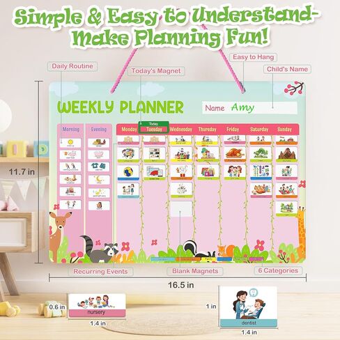 Euclidean Cube Weekly Planner for Kids - Magnetic Behavior Board Calendar with 237 Magnets, Storage Box, Easels, Hooks, Cord & Pen - Daily Routine and Chore Chart - Visual Schedule for Kids 3+ (Animal Theme) in Saudi Arabia