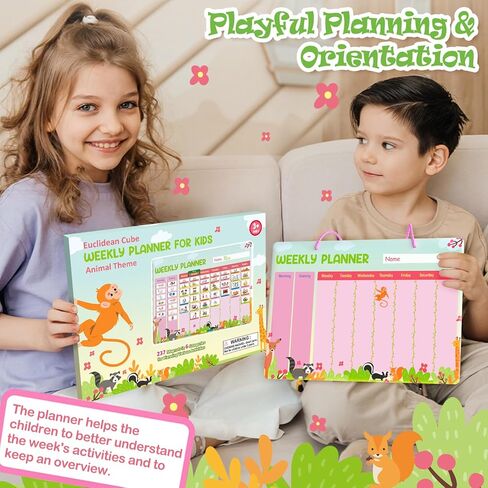 Euclidean Cube Weekly Planner for Kids - Magnetic Behavior Board Calendar with 237 Magnets, Storage Box, Easels, Hooks, Cord & Pen - Daily Routine and Chore Chart - Visual Schedule for Kids 3+ (Animal Theme) in Saudi Arabia