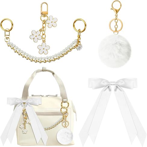 WUQID 4PCS Tote Bag Charms Kit, Decorative Bow, Pom Pom, Pearls & Flower Chain Decor Bag Accessories for Stanley, YETI Camino 20/35/50 & Bogg Beach Tote Bags for Girls Women in Saudi Arabia