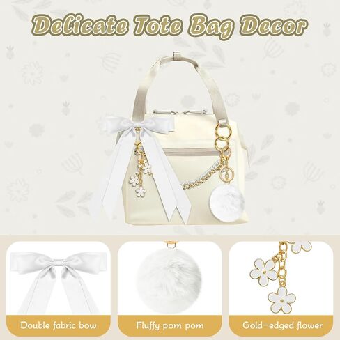 WUQID 4PCS Tote Bag Charms Kit, Decorative Bow, Pom Pom, Pearls & Flower Chain Decor Bag Accessories for Stanley, YETI Camino 20/35/50 & Bogg Beach Tote Bags for Girls Women in Saudi Arabia