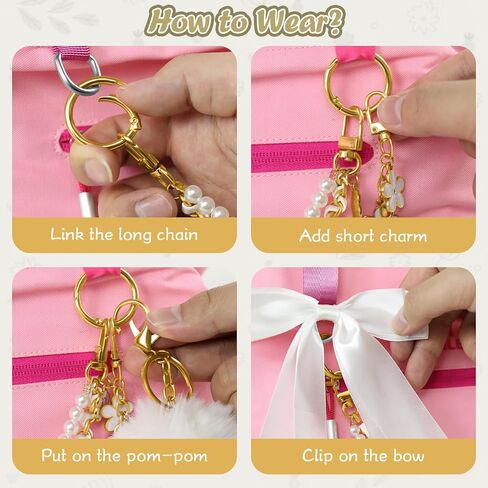WUQID 4PCS Tote Bag Charms Kit, Decorative Bow, Pom Pom, Pearls & Flower Chain Decor Bag Accessories for Stanley, YETI Camino 20/35/50 & Bogg Beach Tote Bags for Girls Women in Saudi Arabia